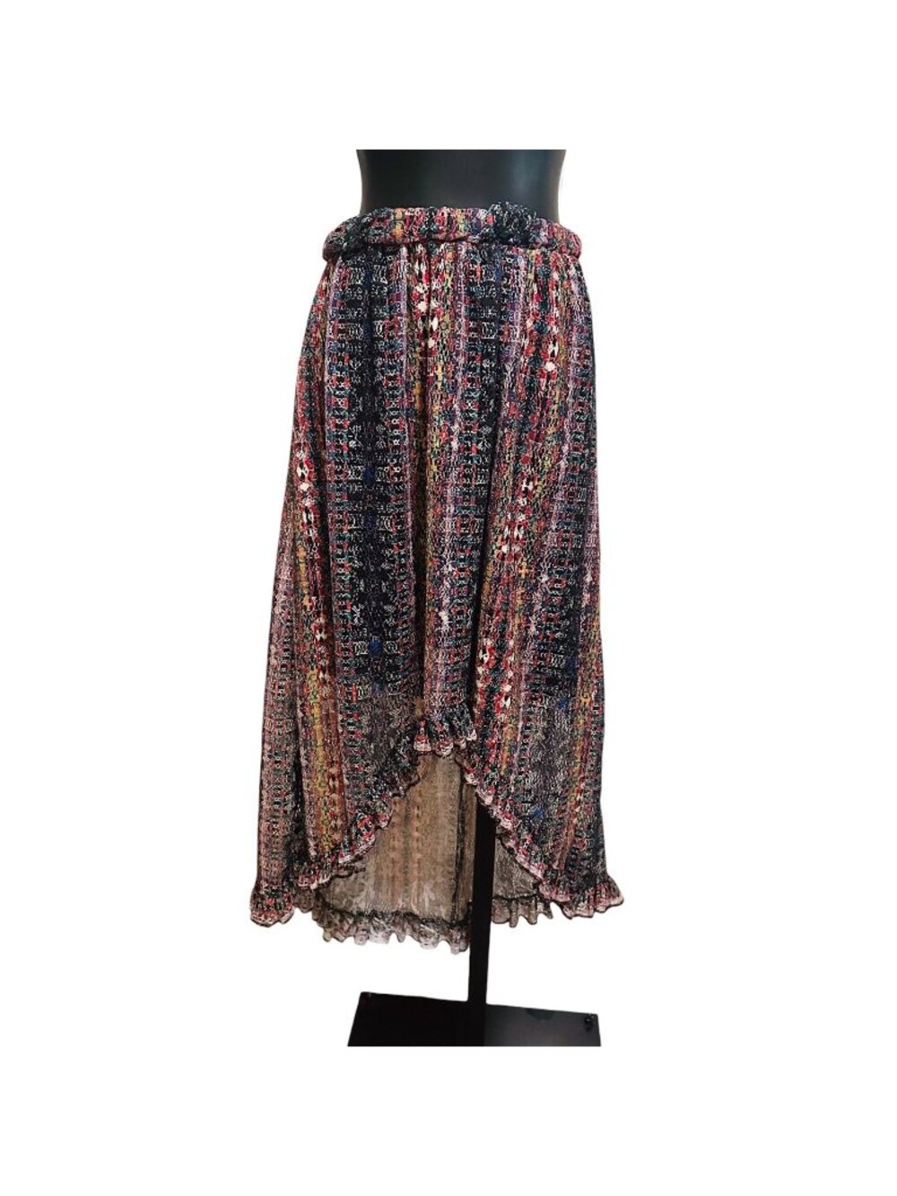No Boundaries Womens L Hi Low Skirt Multicolor Boho Lace Lined Elastic Waist